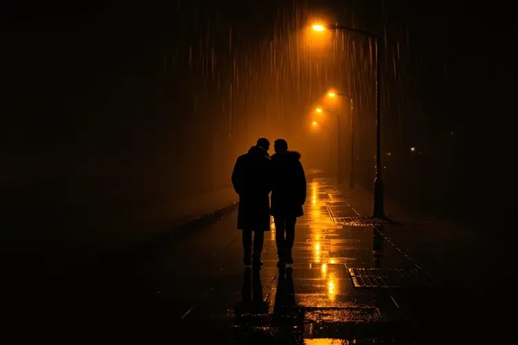 夜色街灯下并肩而行的两道人影，复古侦探剪报风格